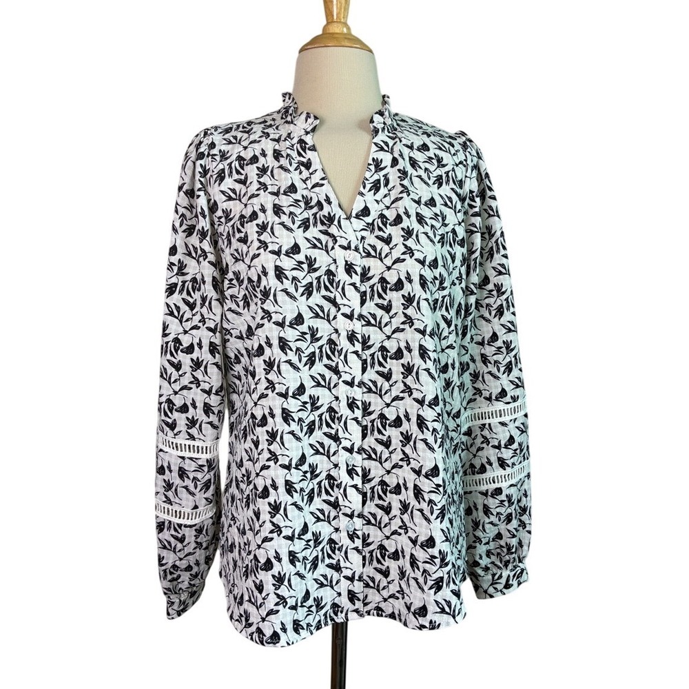 HAVER & BLAIR London Small Black White Balloon Sleeve Button Up Blouse Cottage